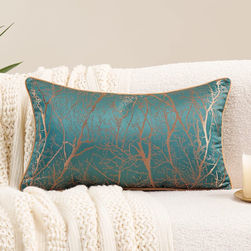 Avigers 12 x 20 Inch Rectangle Teal Green Brown Gold Tree Branch Embroidery Cushion Case Luxury Modern Throw Pillow Cover Decorative Pillow for Couch Living Room Bedroom Car - Image 1